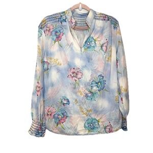 Vintage 60s 70s Beeline Blouse Popover Smocked Blue Watercolor Floral Long Sleev